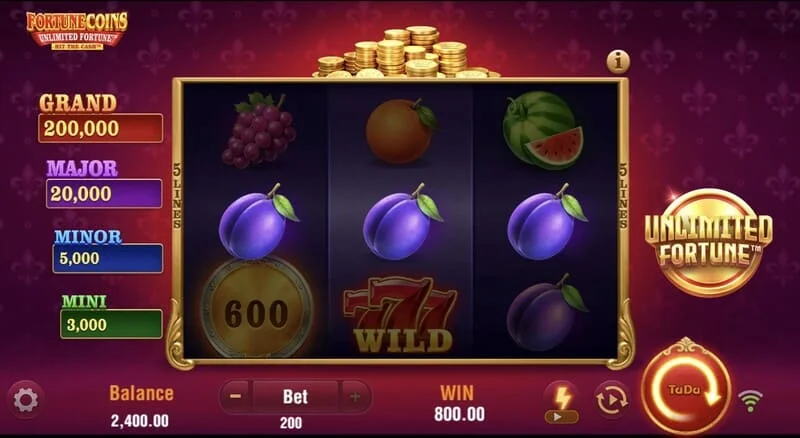 Fortune Coins Unlimited Fortune – pamata 3x3 režģis ar augļu simboliem